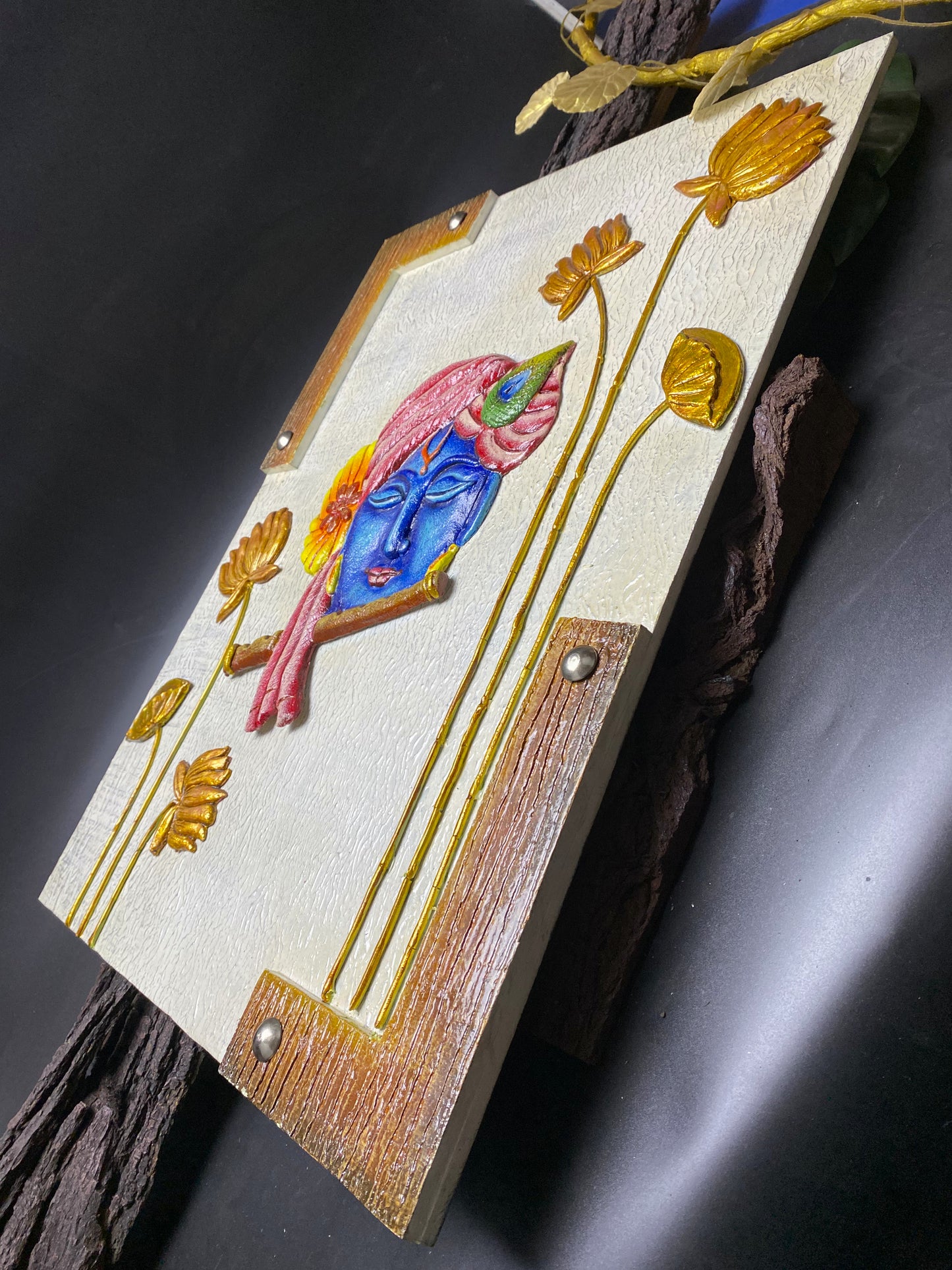 The Bombay Craft House™ Lord Krishna with Lotus 3D Mural Wall-Art For Home Decor.