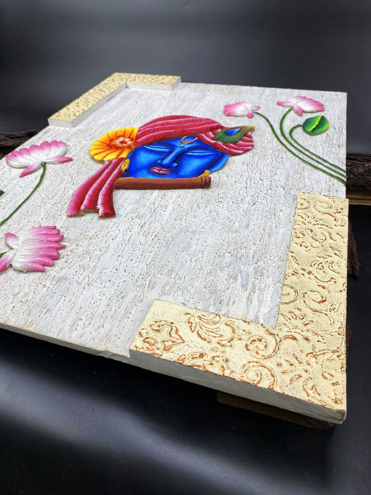 The Bombay Craft House™ Lord Krishna with Lotus 3D Mural Wall-Art For Home Decor.
