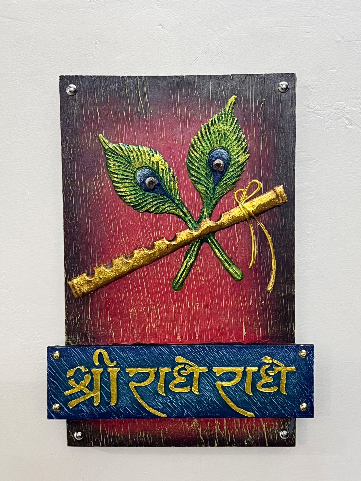The Bombay Craft House™ Lord Krishna Bansuri 3D Mural Wall-Art with Texture Radhe Radhe Mantra For Home Decor.