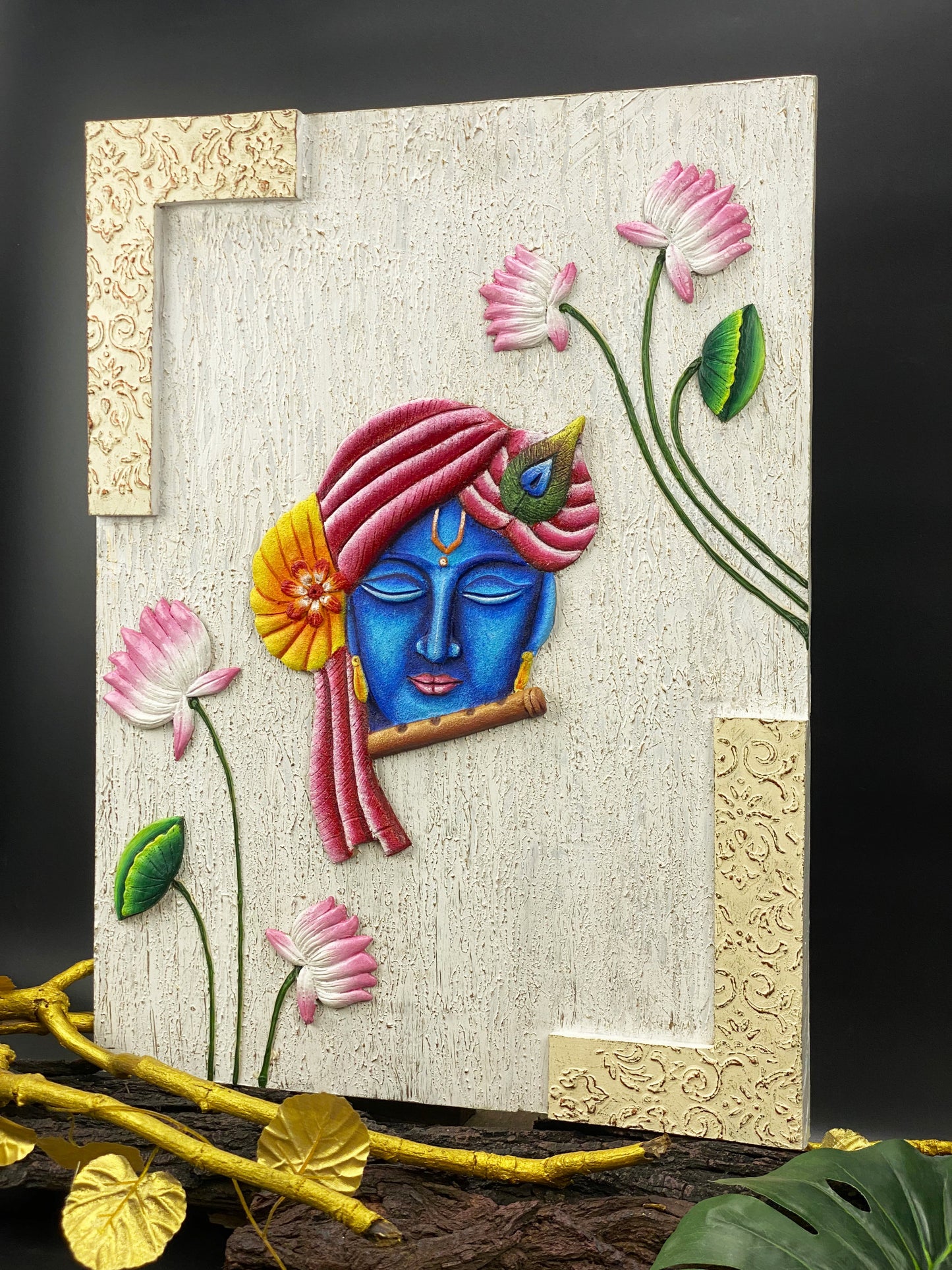 The Bombay Craft House™ Lord Krishna with Lotus 3D Mural Wall-Art with Texture Mantra For Home Decor.