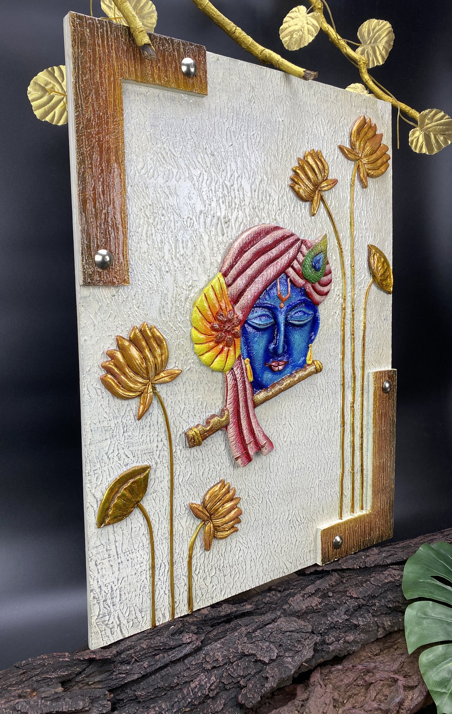 The Bombay Craft House™ Lord Krishna with Lotus 3D Mural Wall-Art For Home Decor.