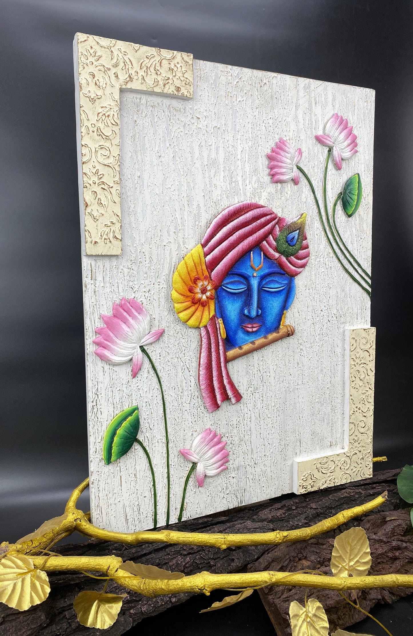 The Bombay Craft House™ Lord Krishna with Lotus 3D Mural Wall-Art with Texture Mantra For Home Decor.