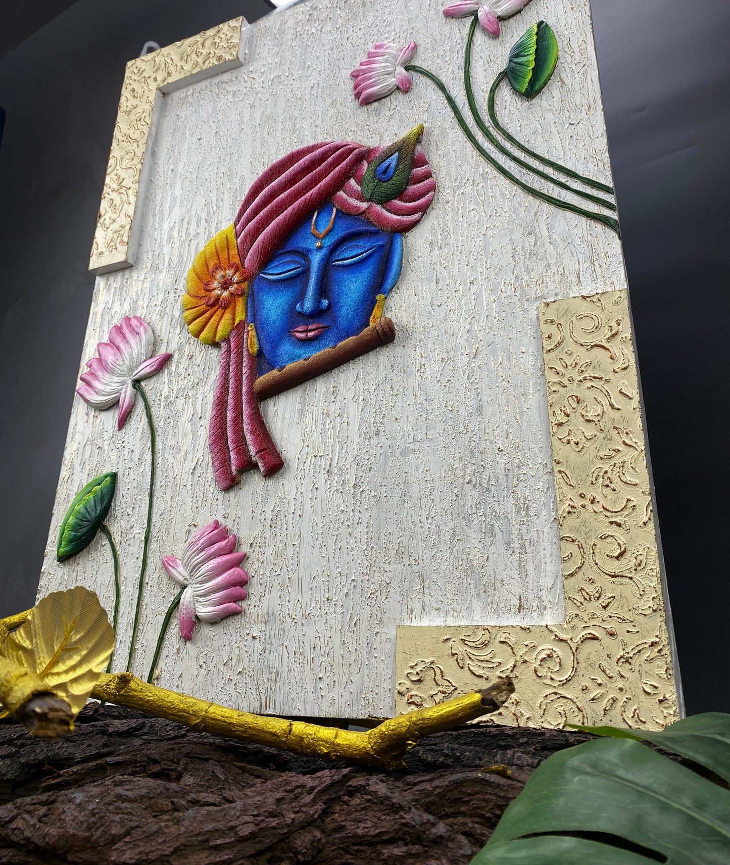 The Bombay Craft House™ Lord Krishna with Lotus 3D Mural Wall-Art with Texture Mantra For Home Decor.