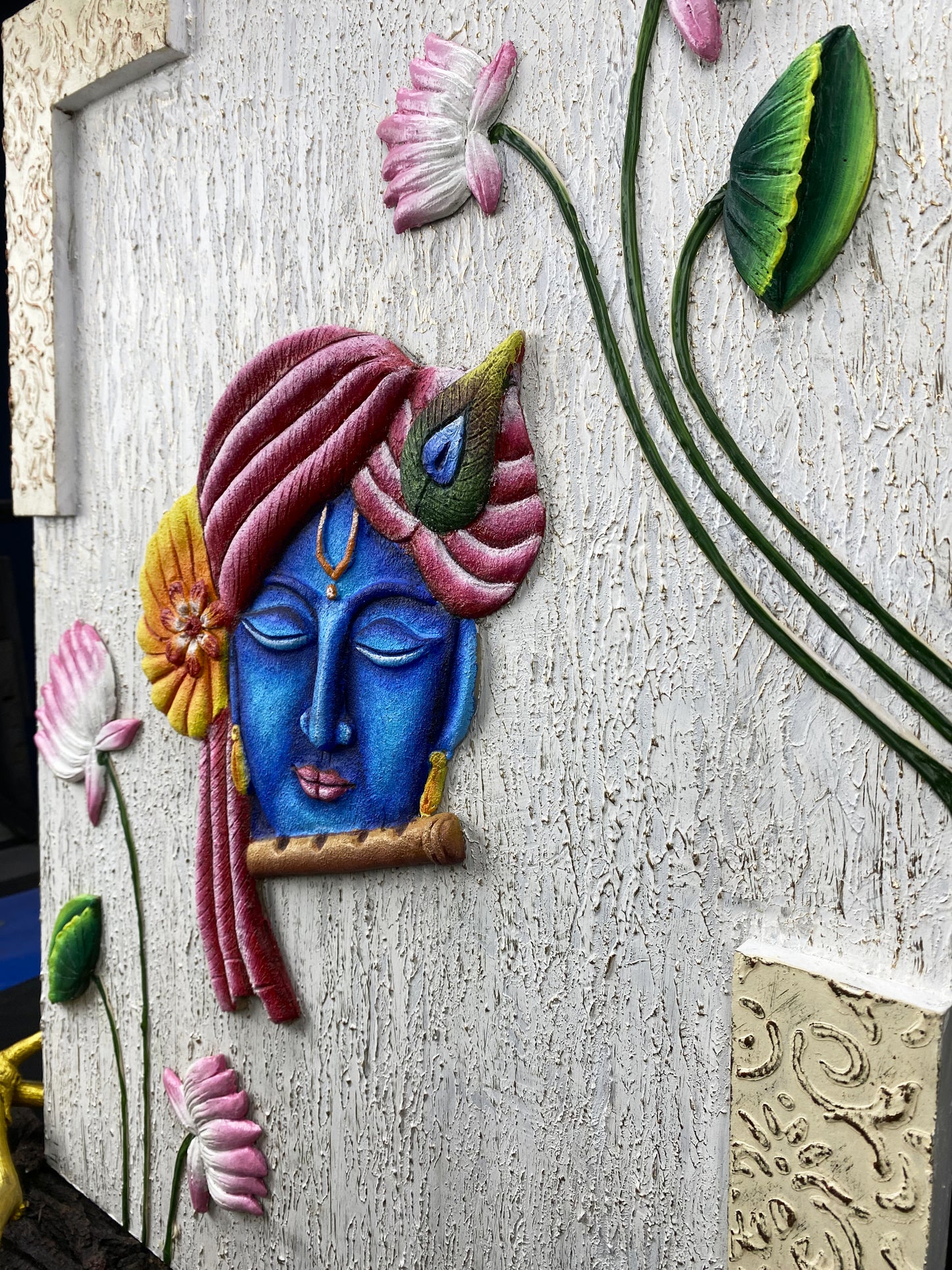 The Bombay Craft House™ Lord Krishna with Lotus 3D Mural Wall-Art with Texture Mantra For Home Decor.