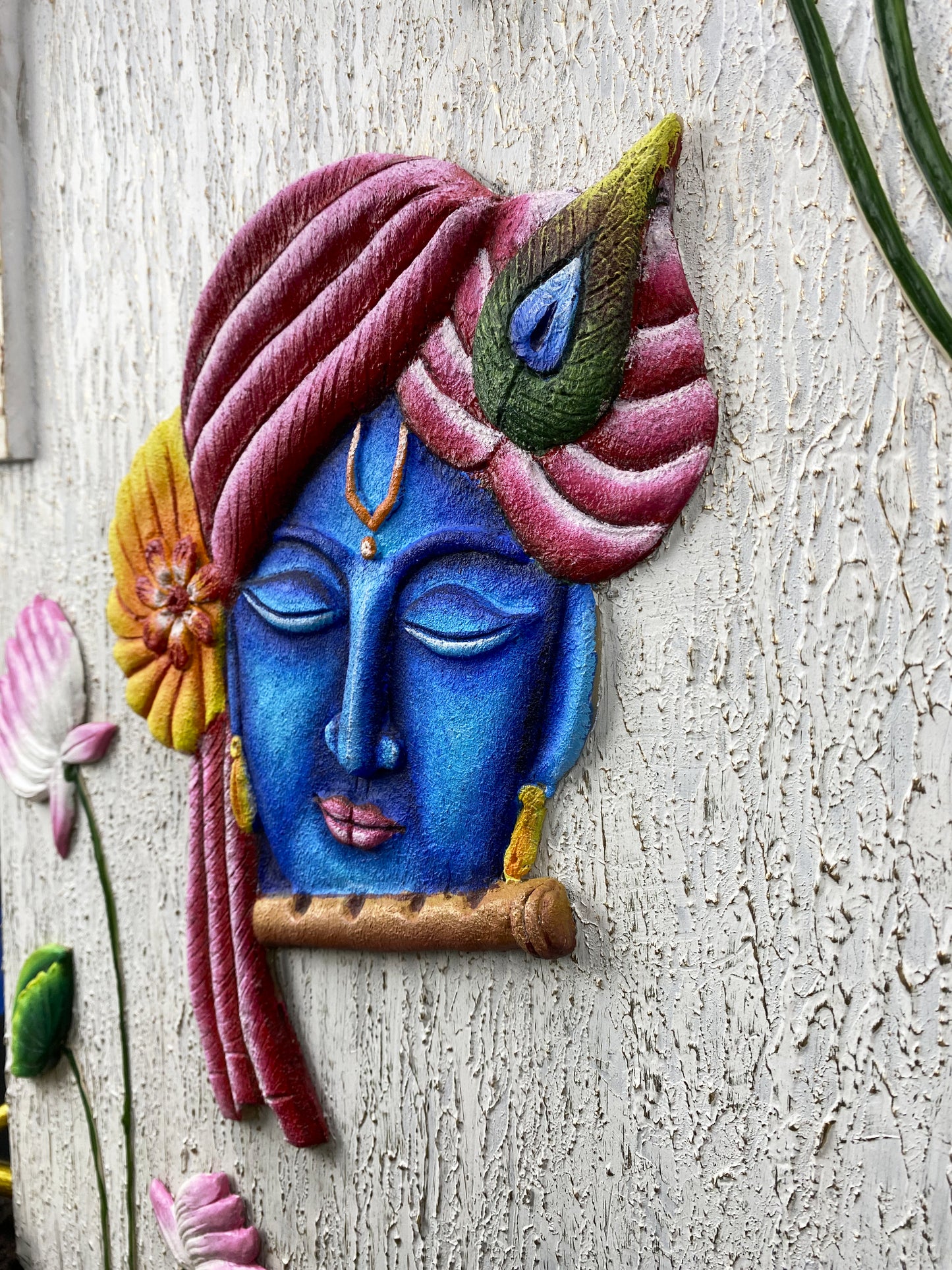 The Bombay Craft House™ Lord Krishna with Lotus 3D Mural Wall-Art with Texture Mantra For Home Decor.