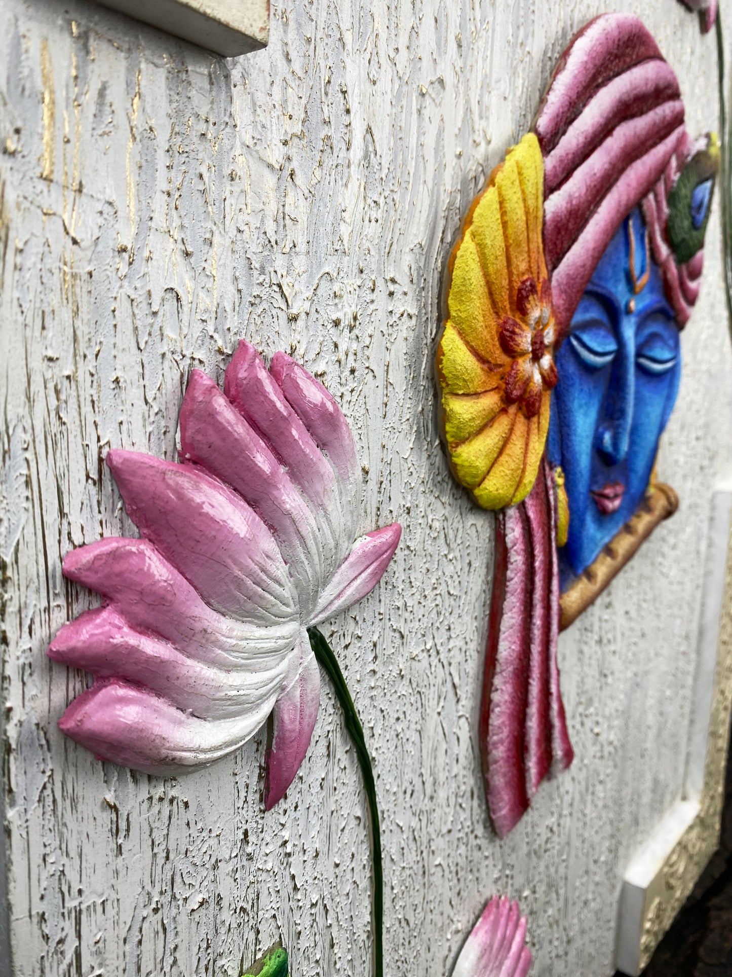 The Bombay Craft House™ Lord Krishna with Lotus 3D Mural Wall-Art with Texture Mantra For Home Decor.