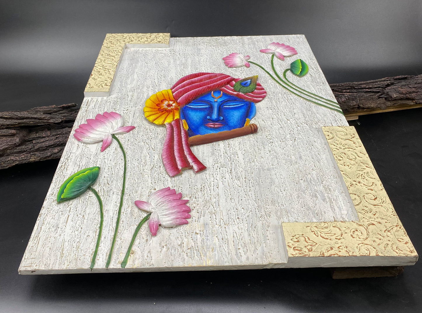 The Bombay Craft House™ Lord Krishna with Lotus 3D Mural Wall-Art with Texture Mantra For Home Decor.