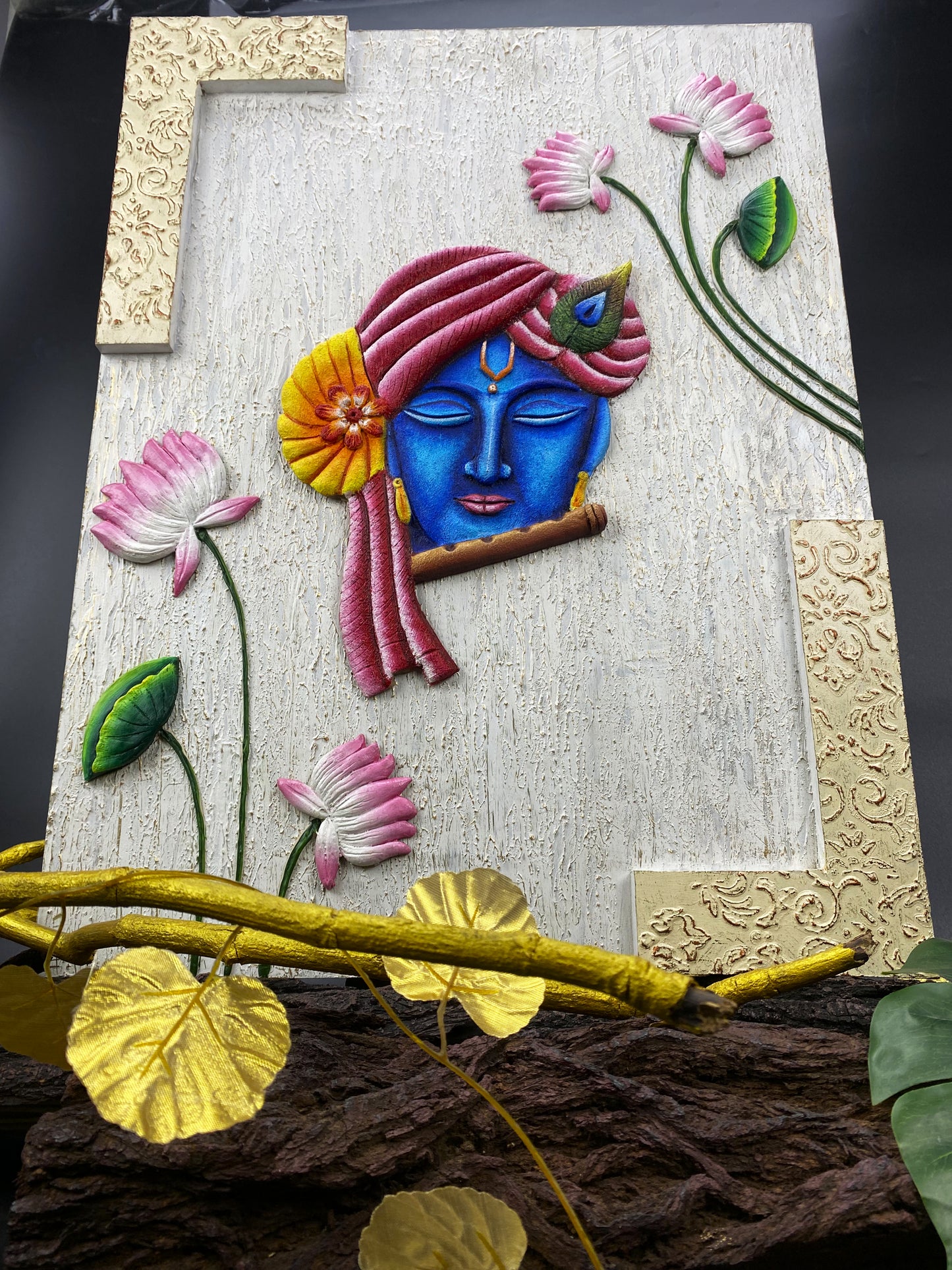 The Bombay Craft House™ Lord Krishna with Lotus 3D Mural Wall-Art with Texture Mantra For Home Decor.