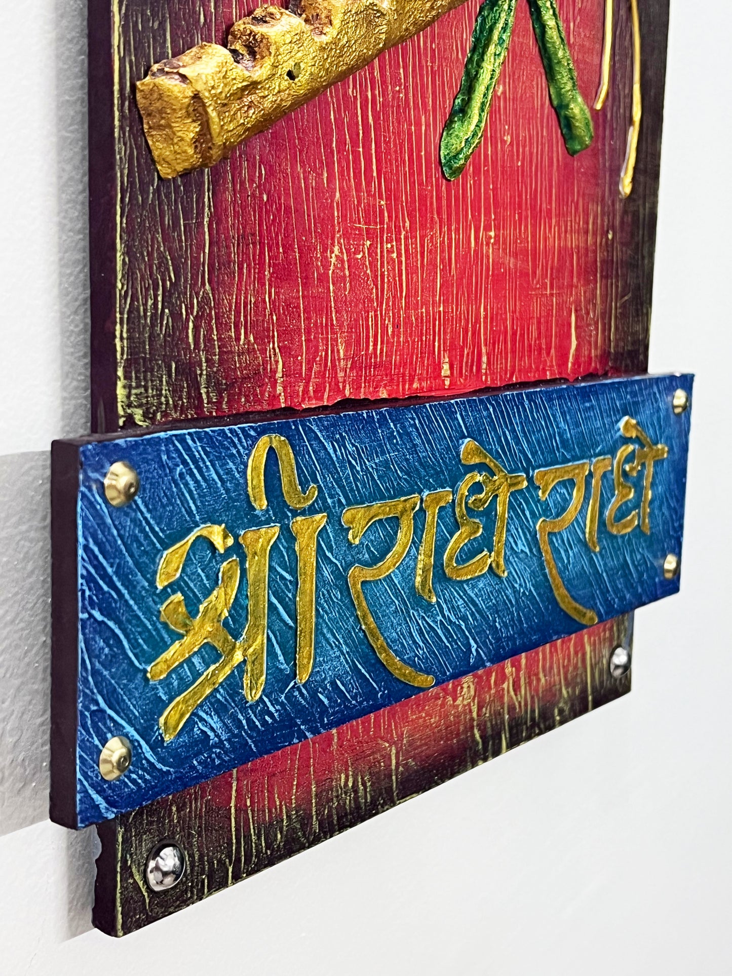 The Bombay Craft House™ Lord Krishna Bansuri 3D Mural Wall-Art with Texture Radhe Radhe Mantra For Home Decor.
