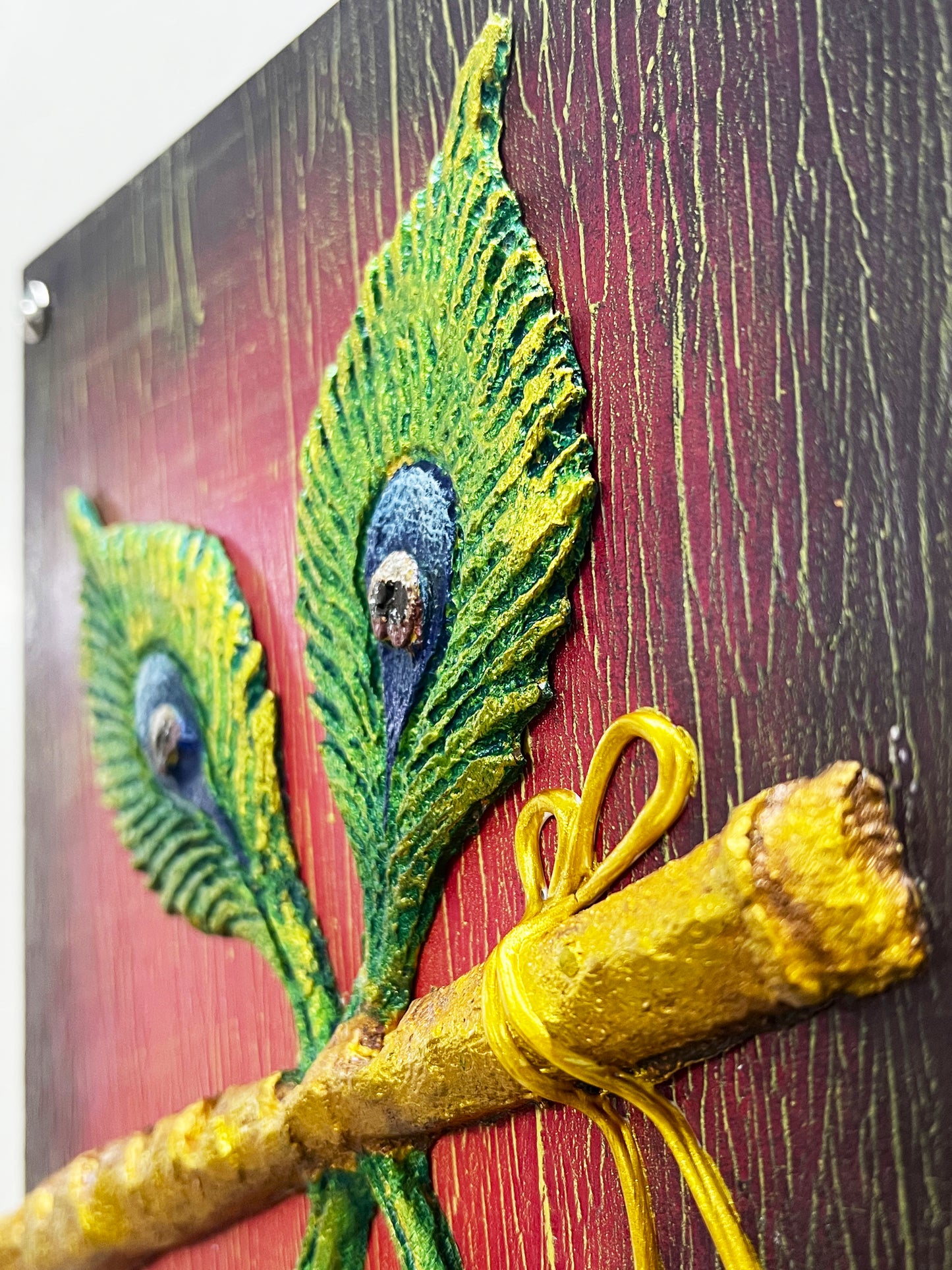 The Bombay Craft House™ Lord Krishna Bansuri 3D Mural Wall-Art with Texture Radhe Radhe Mantra For Home Decor.