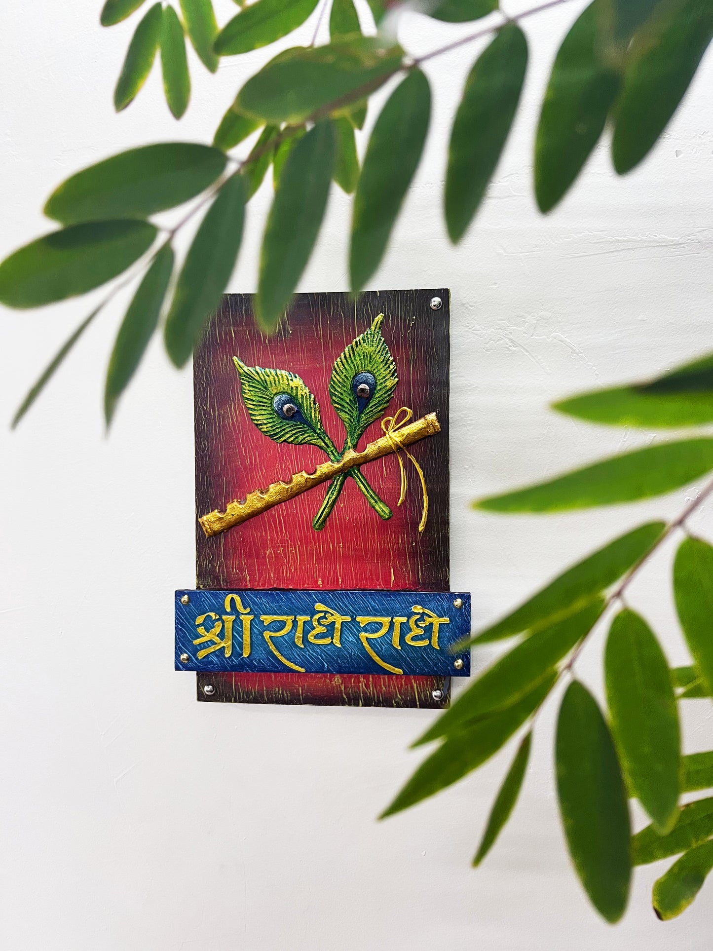 The Bombay Craft House™ Lord Krishna Bansuri 3D Mural Wall-Art with Texture Radhe Radhe Mantra For Home Decor.