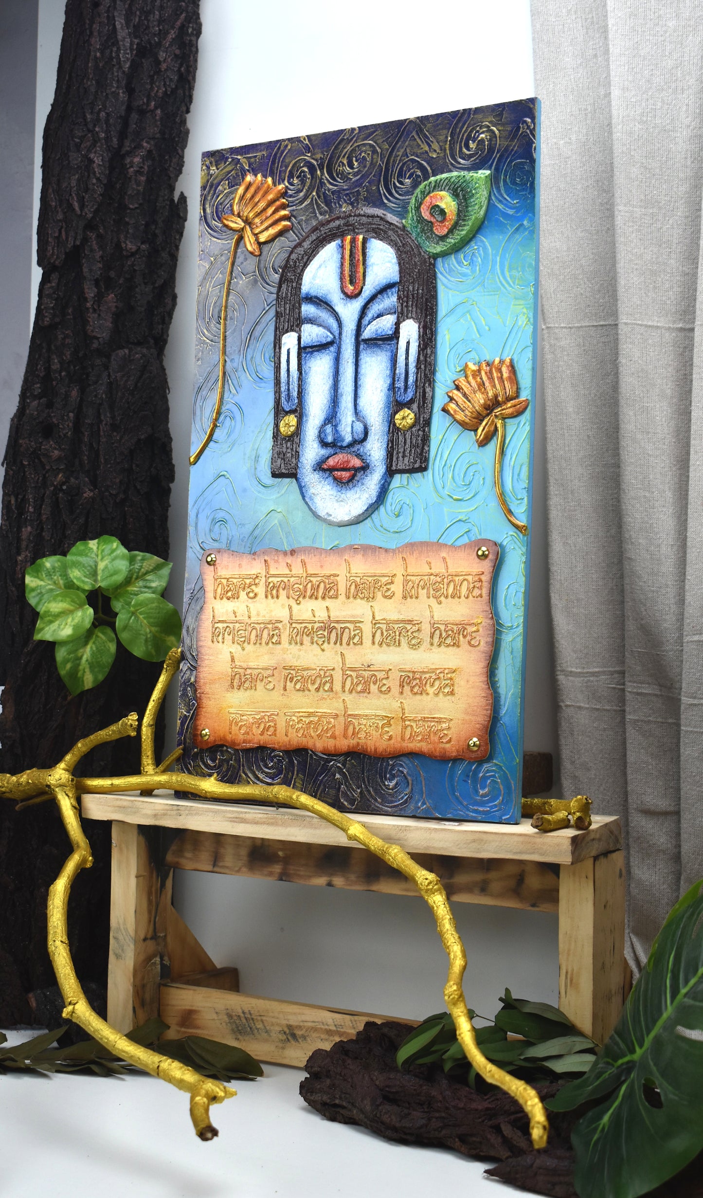 The Bombay Craft House™ Lord Krishna 3D Mural Wall-Art with Texture Mantra For Home Decor.