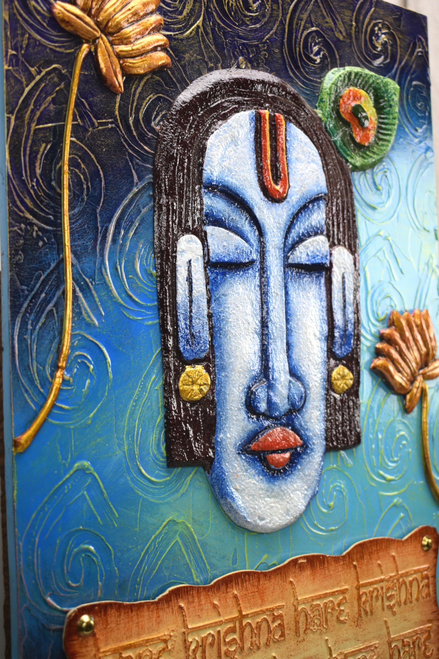 The Bombay Craft House™ Lord Krishna 3D Mural Wall-Art with Texture Mantra For Home Decor.