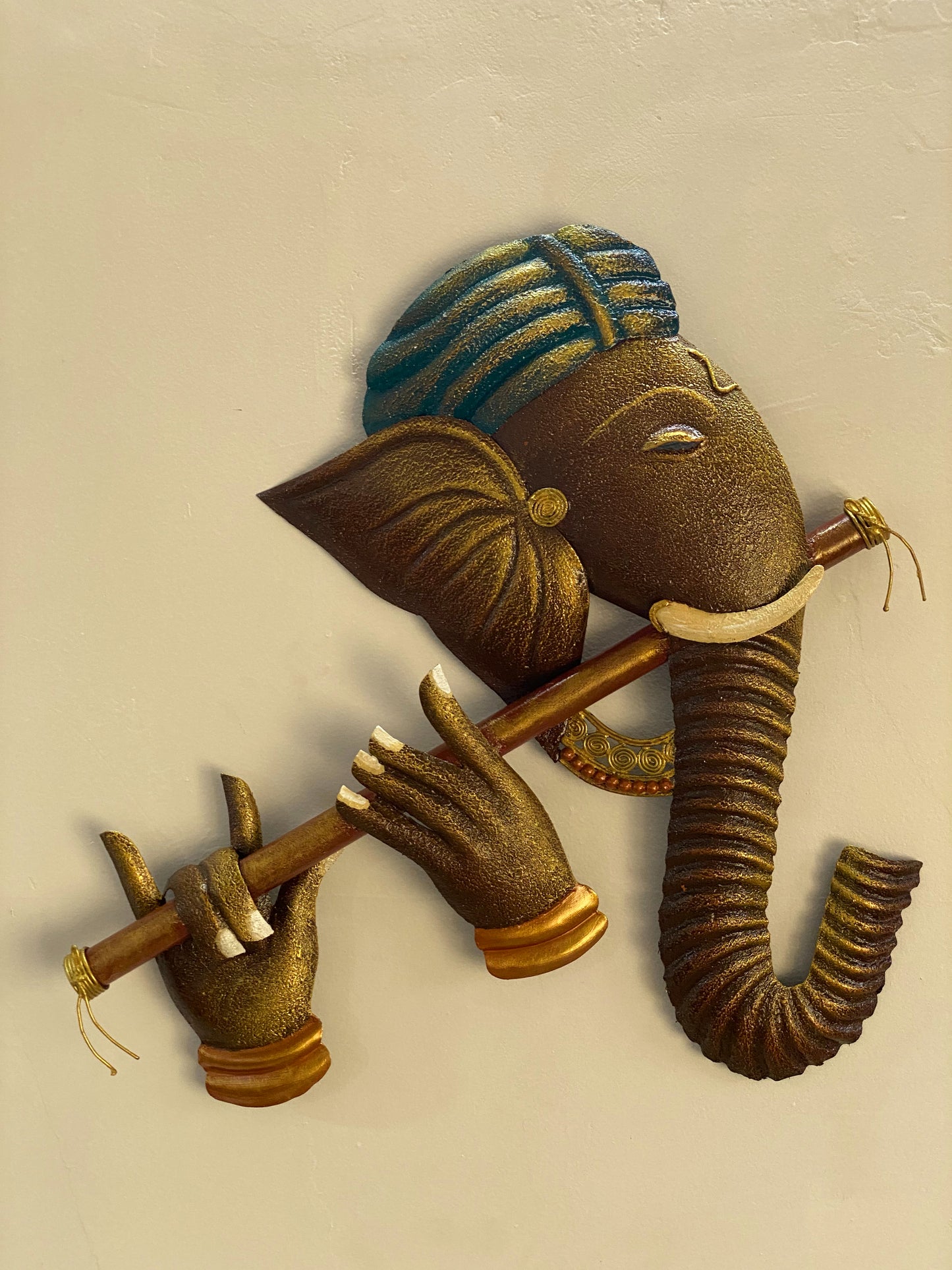 The Bombay Craft House™ Bansuri Ganesha Antique Metal Wall Art For Home Decor.