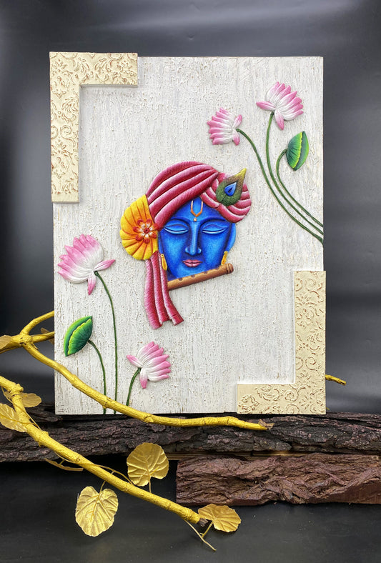 The Bombay Craft House™ Lord Krishna with Lotus 3D Mural Wall-Art with Texture Mantra For Home Decor.